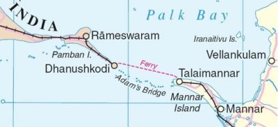 A map showing the ferry route from Dhanushkod, Indiai to Talaimannar , Sri Lanka (Source:-Wikimedia Commons)