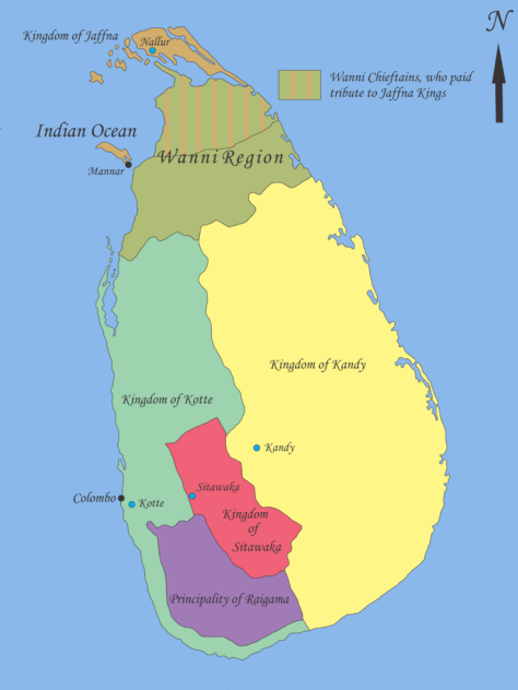 Map showing geopolitical situation in Sri Lanka in the early part of 16th century after the 'Spoiling of Vijayabahu' in 1521. (Source: Nishadhi/Wikimedia Commons) 