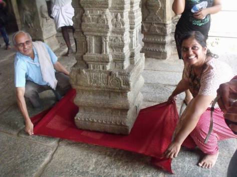 Cloth under the Hanging Column in the Veerabhadra temple at Lepakshi, Anantapur District, Andhra Pradesh, India.